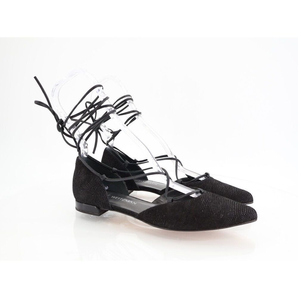 Stuart Weitzman Gilligan Ballet Flats Lace Up Pointed Toe Black Size 6 M Leather